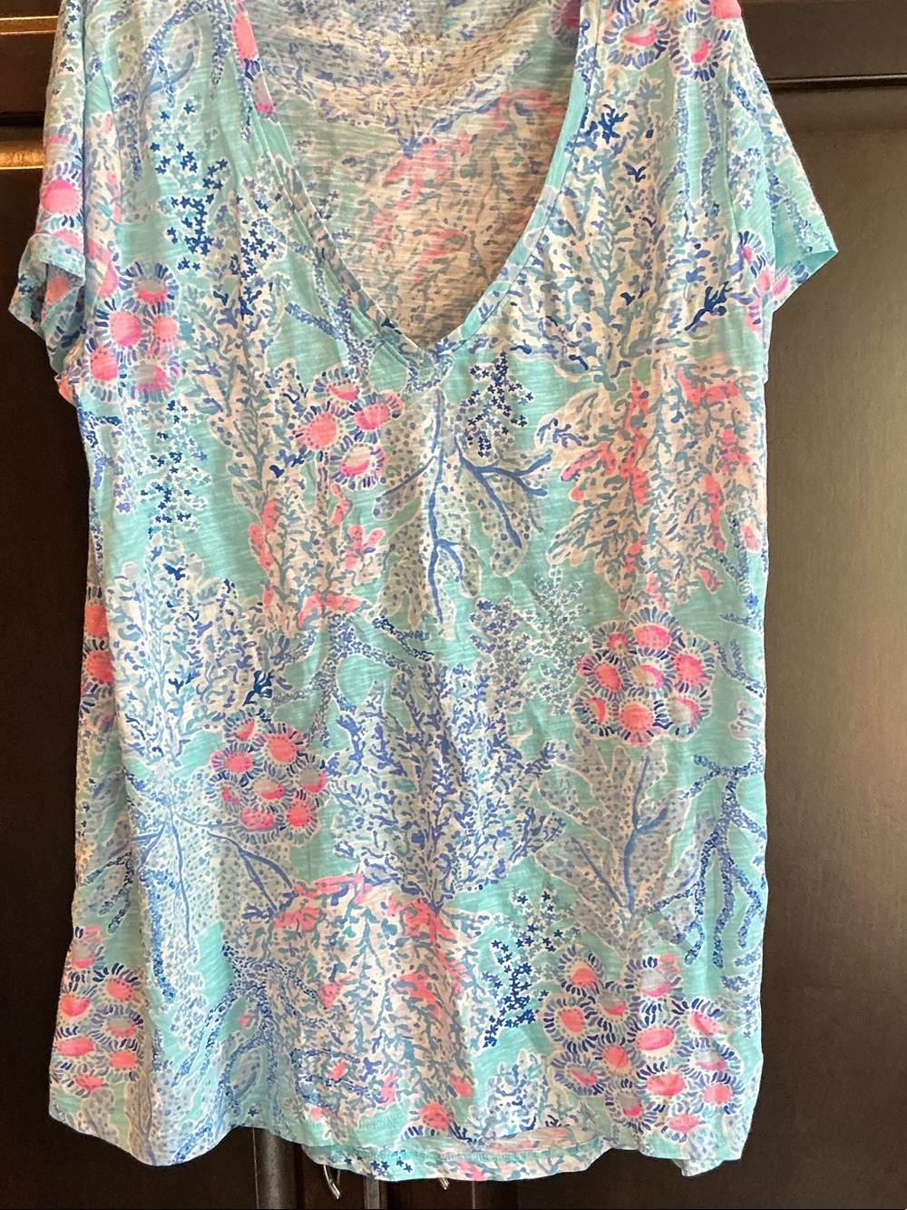 Women's V-Neck Floral Print Top in Aqua Blue by